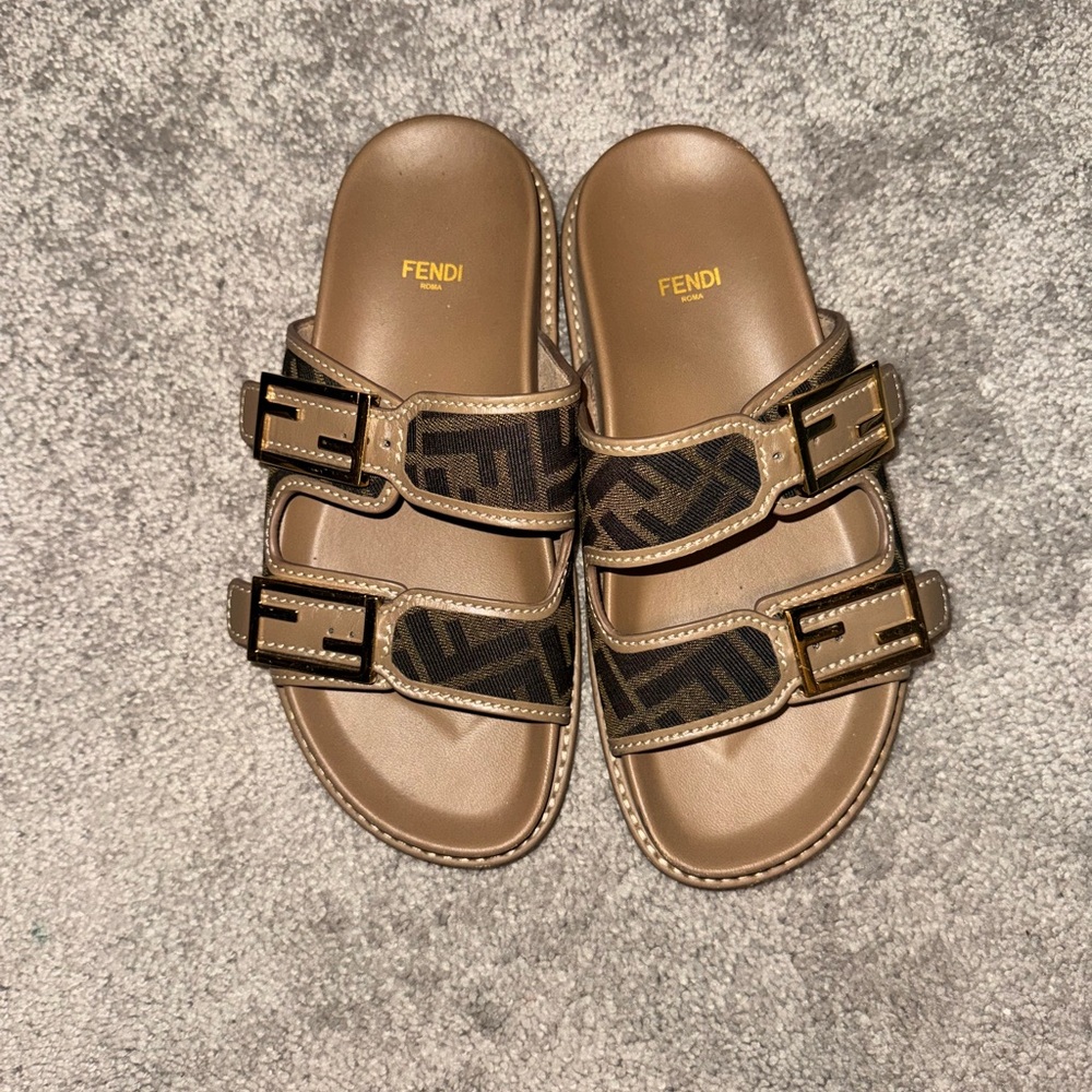 Fendi Tan and Black Logo Slide Sandals